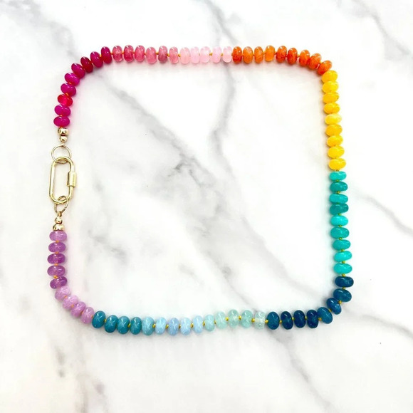 Rainbow Gemstone Silk Knotted Necklace Gold Filled Carabiner Clasp Charm… - Picture 3 of 10